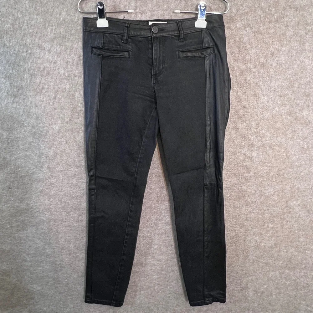 Tory Burch Skinny Pants Womens 28 Black Leather Denim Mixed Media Moto Edgy